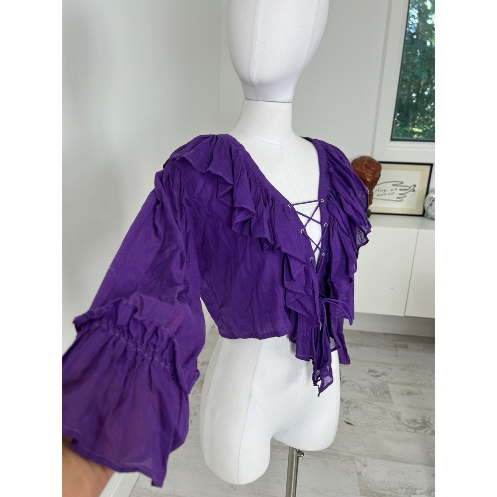 Fashion Passport Purple Cotton Gauze Ruffle Lace Up Crop Top Sz M Corset Top